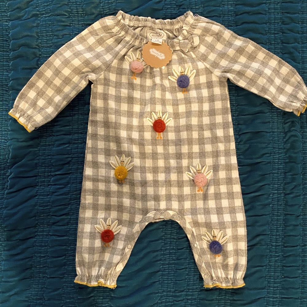 NWT Mud Pie Thanksgiving Turkeyey Romper Girls 0-3